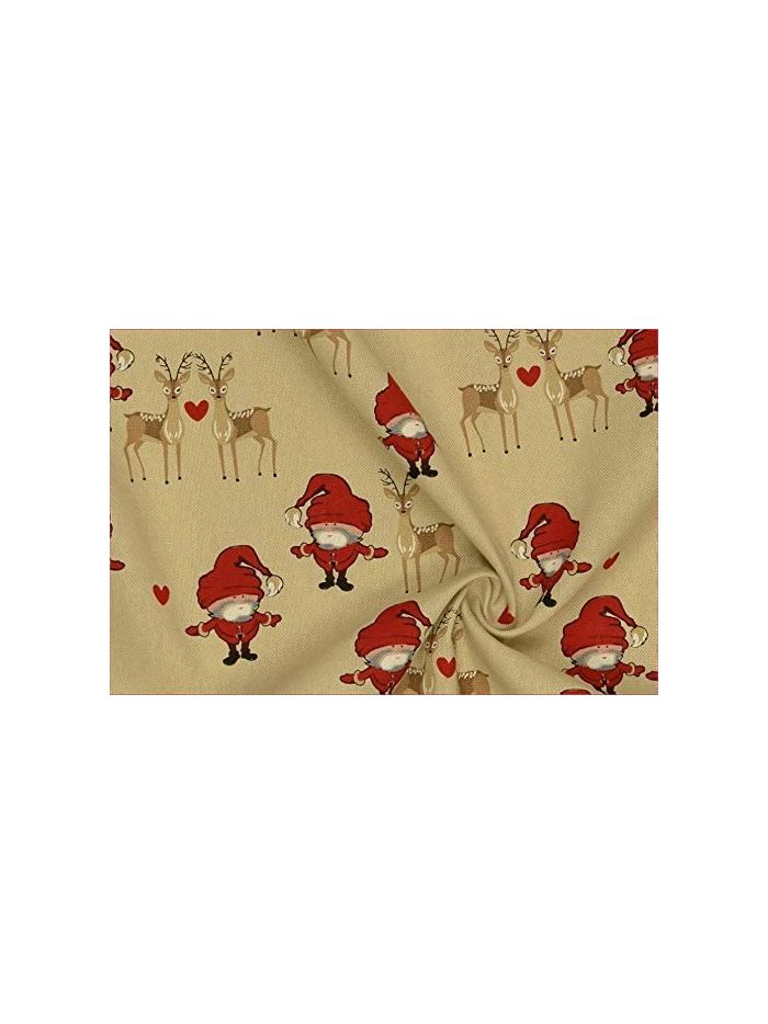 WEIHNACHTEN BAUMWOLLSTOFF BEDRUCKT XMAS BAUMWOLLE CANVAS STOFF NIKOLAUS WEIHNACHTSMANN HERZ REH HIRSCH - Beige/Rot