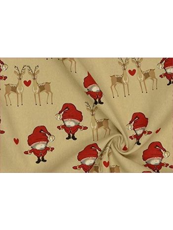 WEIHNACHTEN BAUMWOLLSTOFF BEDRUCKT XMAS BAUMWOLLE CANVAS STOFF NIKOLAUS WEIHNACHTSMANN HERZ REH HIRSCH - Beige/Rot